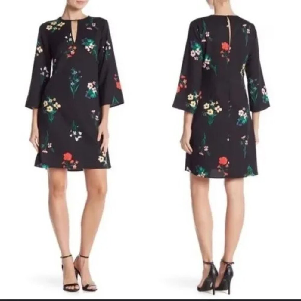 Vince Camuto Floral and Black Bell Sleeve Dress Size 4